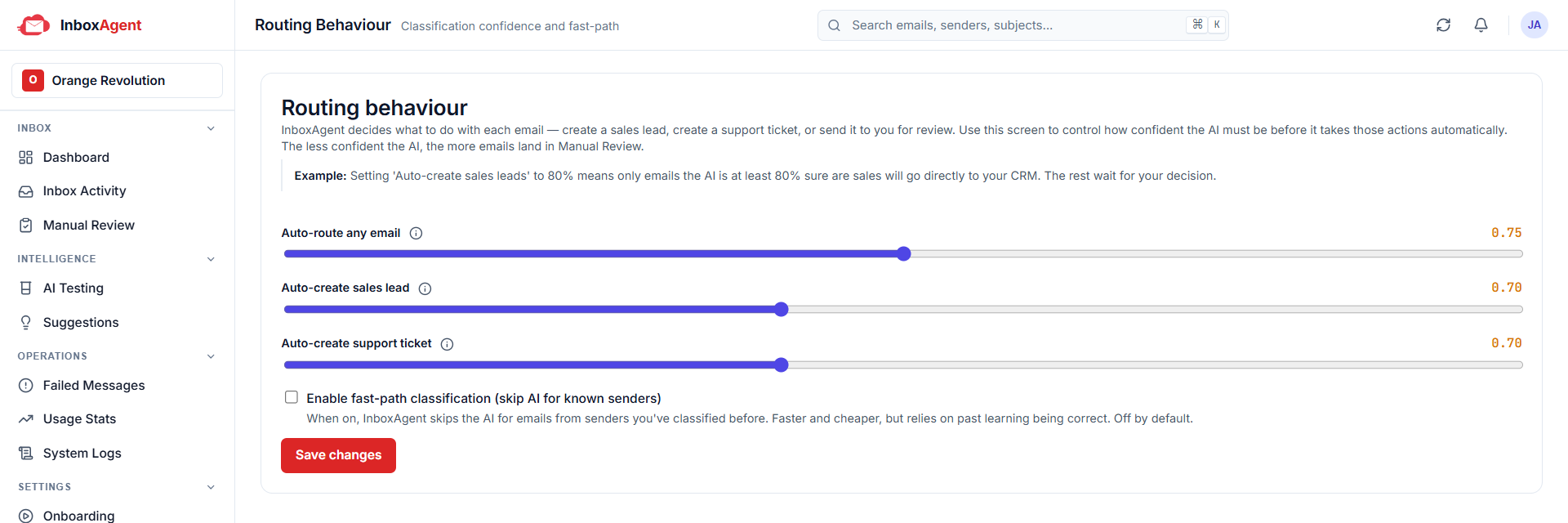 Routing behaviour settings: confidence sliders for auto-routing, auto-creating sales leads and support tickets, with a fast-path toggle that is off by default.